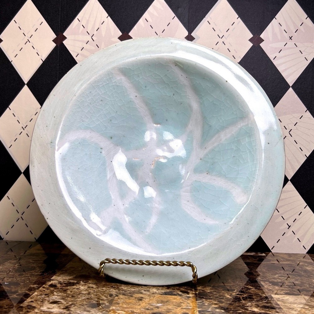 Signed Celadon Studio Pottery Plate Carved Botanical Ceramic‎ Wabi Sabi Elegance